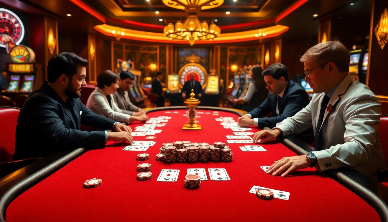 Players enjoying a thrilling game of idn poker at an elegant casino table.