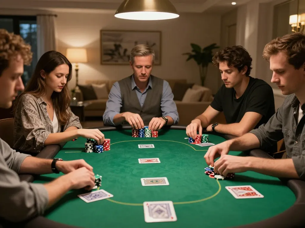 Players enjoying a friendly poker game at home, showcasing nha cai uy tin strategies in action