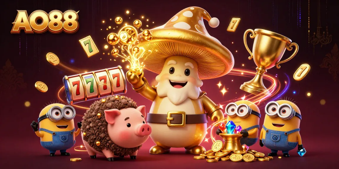 Experience the magic of AO88 with golden mushroom wizards, treasure-seeking pigs, and rich casino elements.
