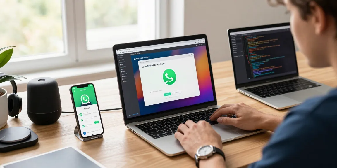 Active user performing WhatsApp下載 on multiple devices in a modern workspace
