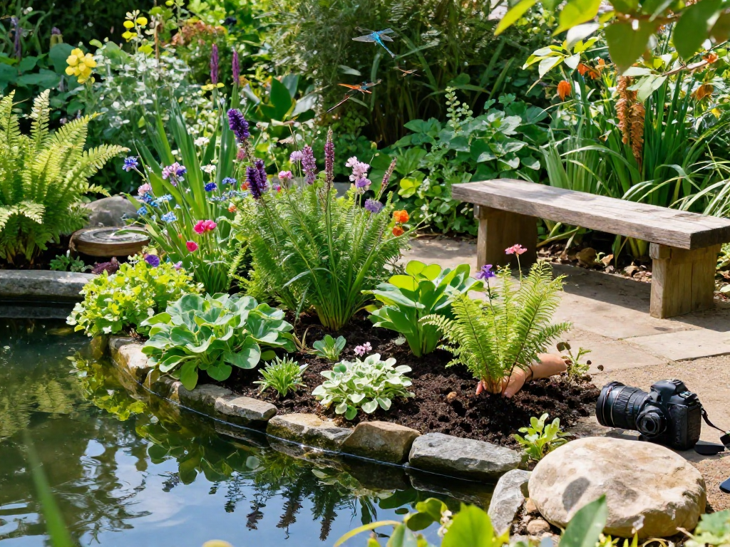 Marginal Pond Plants thriving at a serene garden pond, showcasing diverse flora and inviting gardening activity.