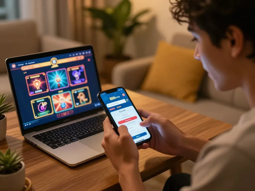 Engaging with the online casino at 888now đăng nhập, showcasing a player using a smartphone in a cozy home setting.