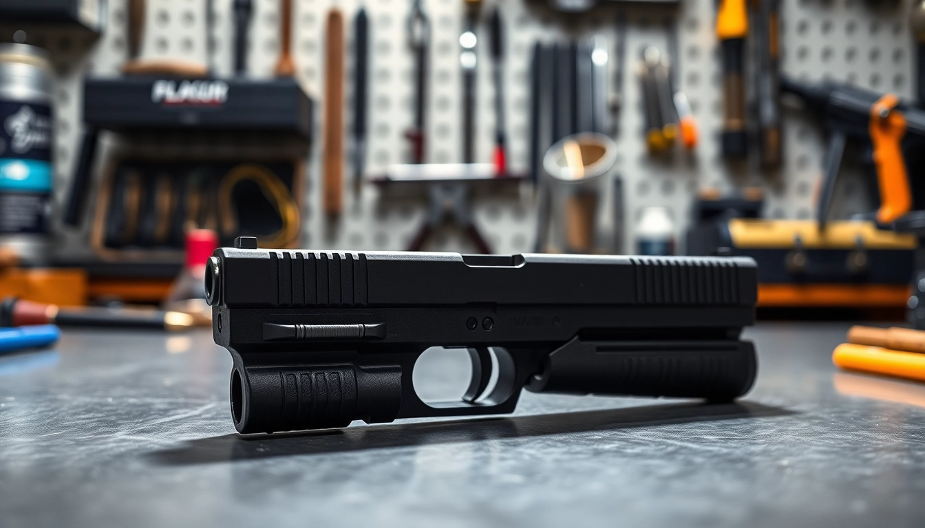 Showcasing a glock 17 slide on a workshop table with tools in the background.
