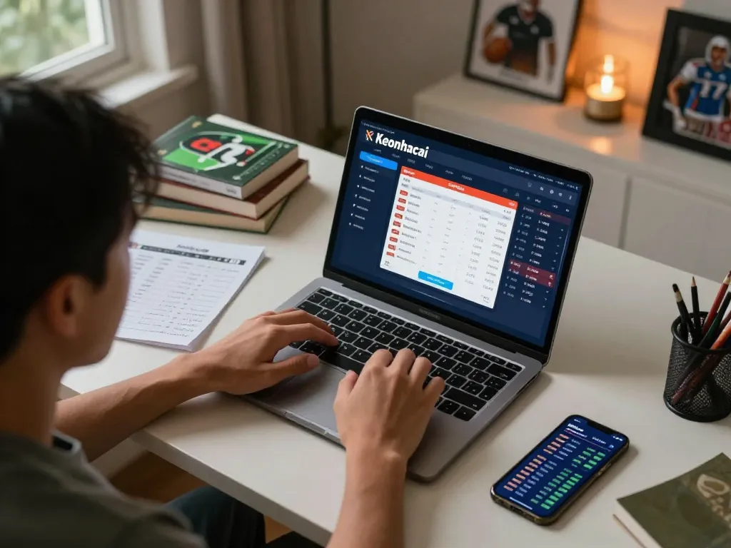 Betting on Keonhacai using a laptop, showcasing strategic gambling in a lively home office.