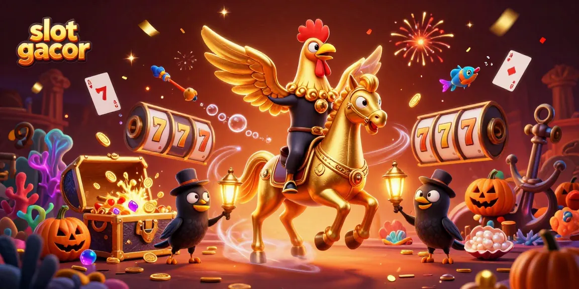 Engage in thrilling action with slot gacor as golden rooster rides a spectral horse in a vibrant casino