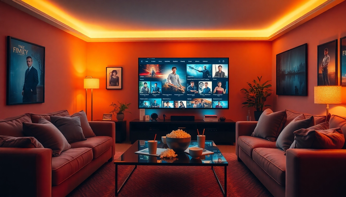 Enjoy movies online in a cozy living room with a large TV and film decor.