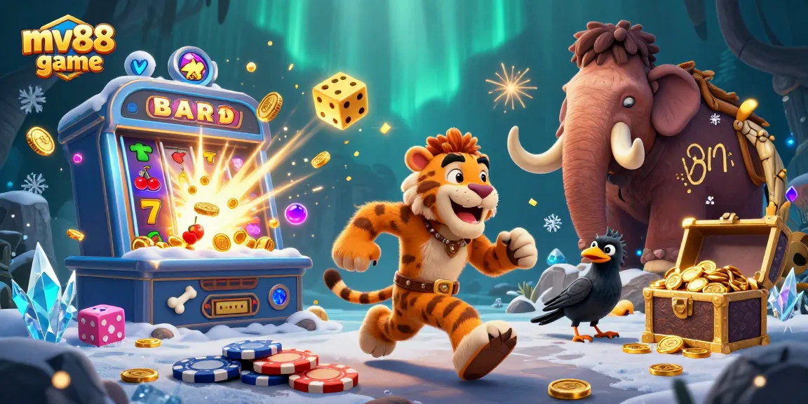 Engage with mv88 game in a rich, animated casino scene with characters and game elements.