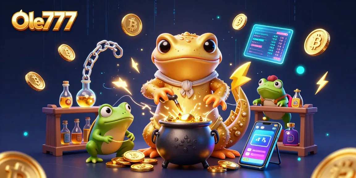 Spin and win with Ole777 in a vibrant 3D gambling illustration featuring alchemists and cryptocurrency.