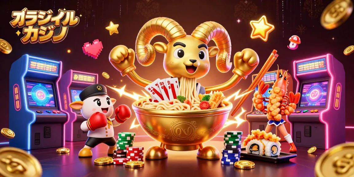 オンラインカジノの場面でカードを配る金色のラーメンボウルと仲間たちが活躍するイラスト