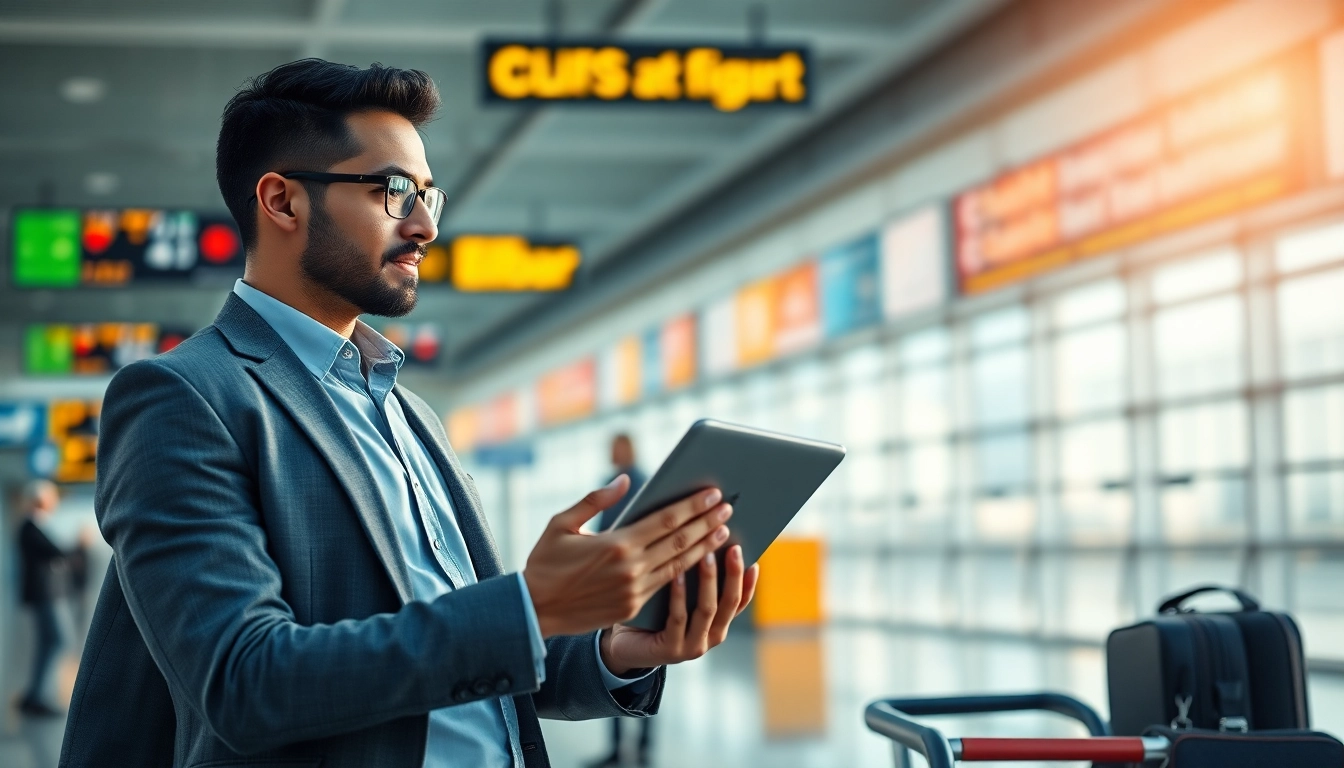 Business traveler checking flight status before 출장 at a modern airport