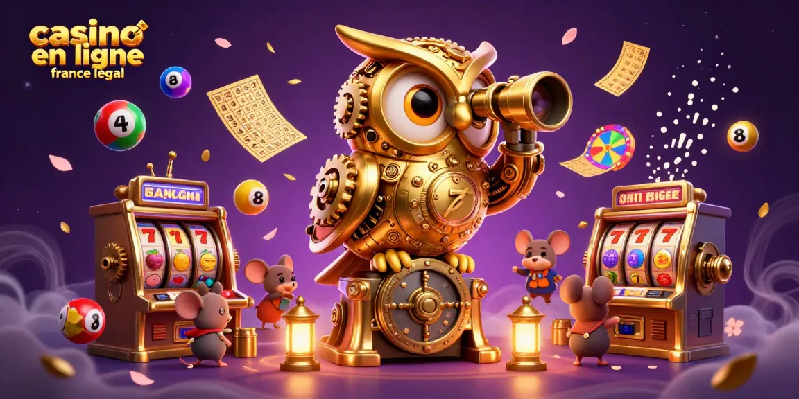 Action de jouer dans un casino en ligne France légal avec une illustration animée d'un hibou doré et des éléments de jeu.