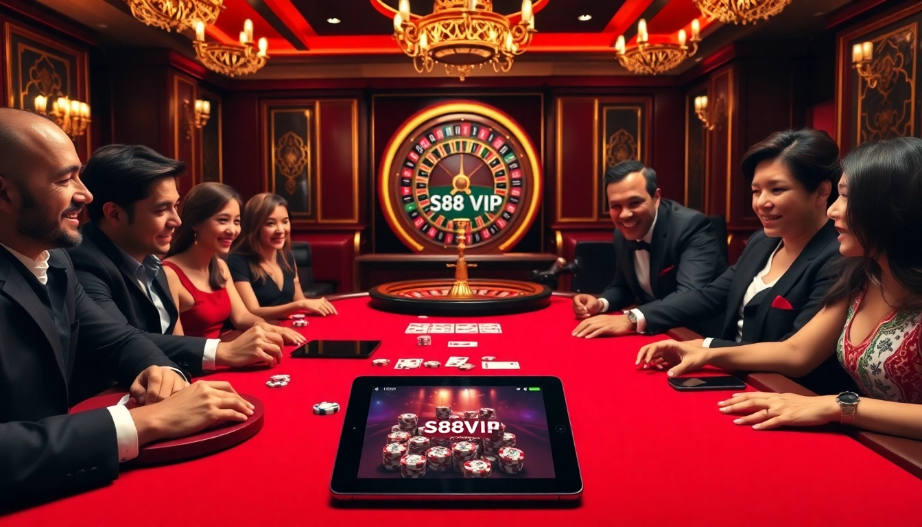 S88VIP players celebrating a win at a luxurious poker table in a vibrant casino setting.