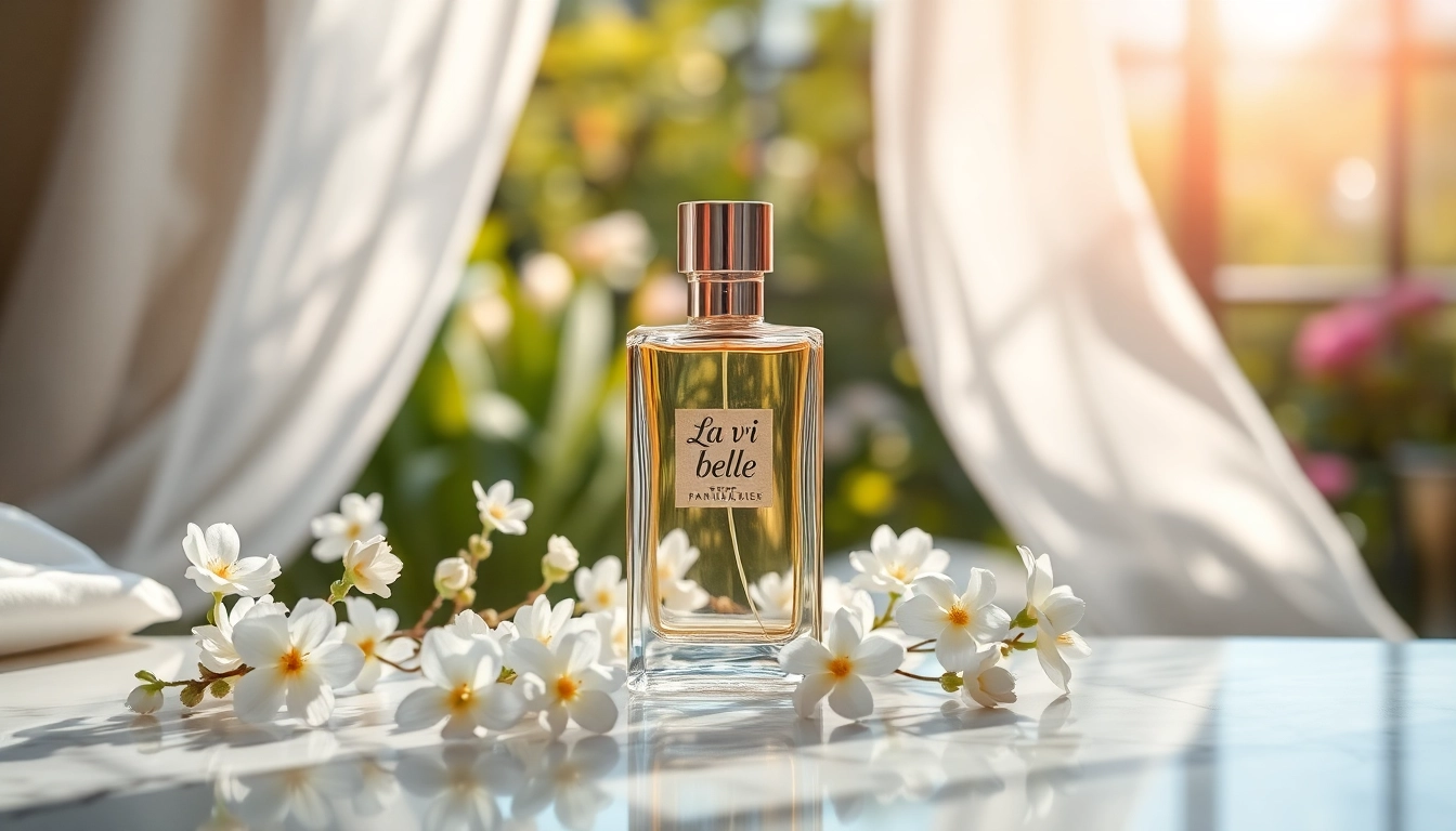 Admire the sophisticated La vi est belle perfume surrounded by elegant flowers.