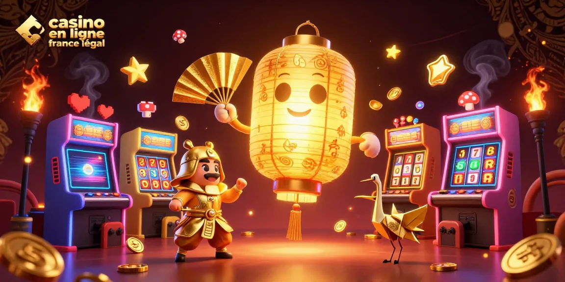 Casino en ligne France légal, illustration de jeu dynamique avec un esprit lantern, guerriers en éventail et machines à sous colorées.