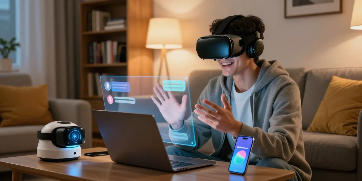 Young man joyfully interacting with his AI girlfriend in a modern living room, showcasing the future of companionship and technology.