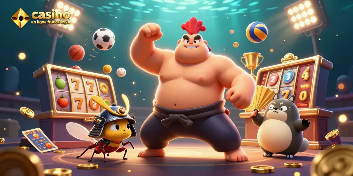Jouez à des jeux de hasard passionnants dans un casino en ligne France légal avec un rooster sumo et un grillon samouraï.