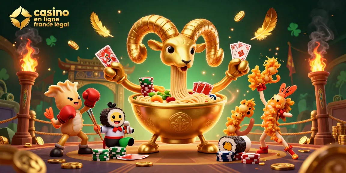 Illustration représentant le "casino en ligne légal en France" avec un bol de ramen géant jouant aux cartes et des personnages amusants.
