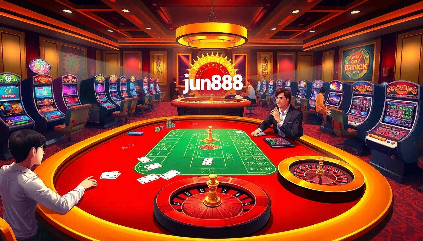 Experience thrilling gameplay at jun888 with vibrant casino tables and slot machines.