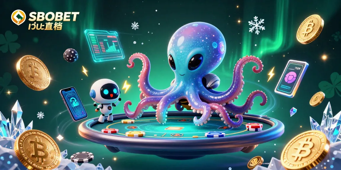Engage in thrilling games with SBOBET เว็บตรง, featuring an alien octopus operating a holographic poker table.