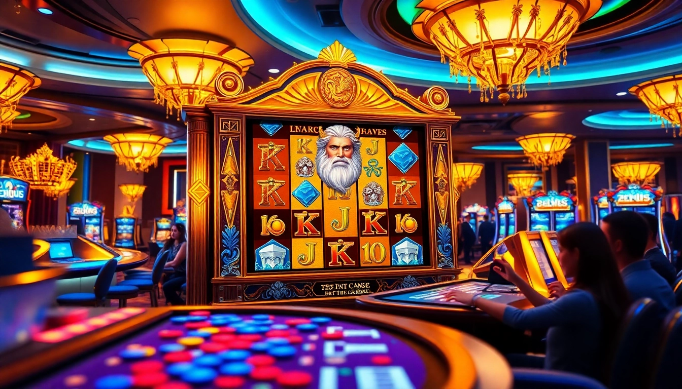 Berinteraksi dengan mesin Slot Zeus di tengah suasana kasino yang mendebarkan, menampilkan grafis menakjubkan dan warna-warna yang cerah.