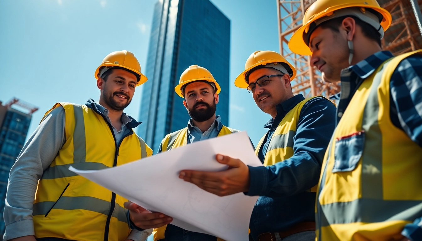 Teamwork at a construction membership association project on-site with blueprints.