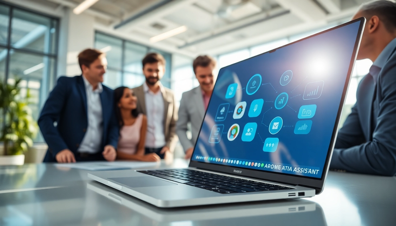Showcasing an enterprise ai assistant, professionals collaborate using AI in a modern workspace setting.