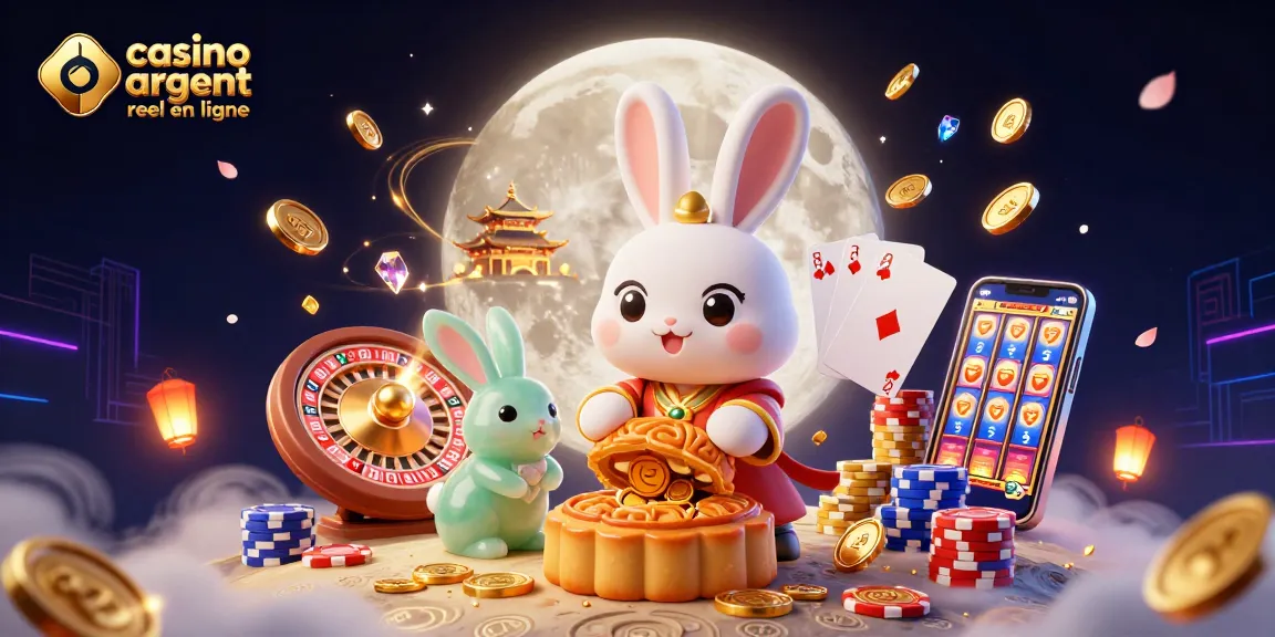 Illustration dynamique du casino argent réel en ligne avec un lapin lunaire, jetons de poker et jeux scintillants.