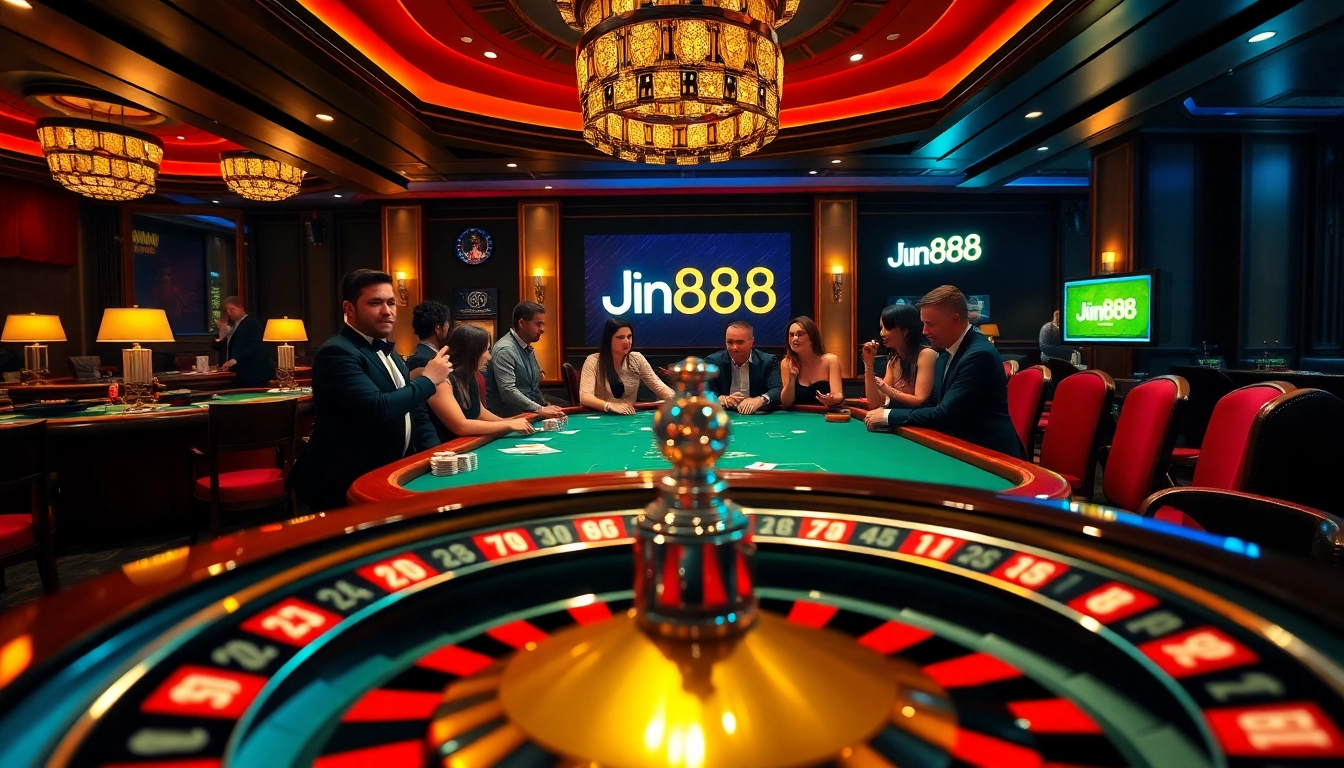 Engaging players at a thrilling Jun888 poker table in a luxurious casino setting.