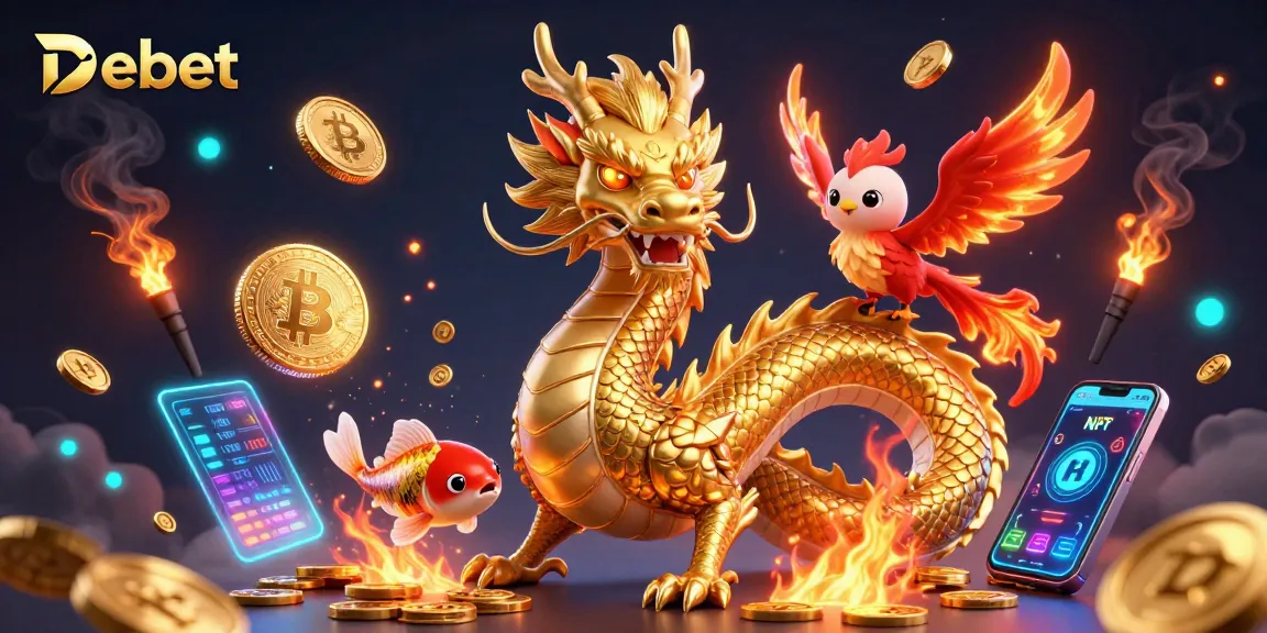 Debet promotes engaging gaming with a fierce dragon, phoenix, and koi in the digital casino.