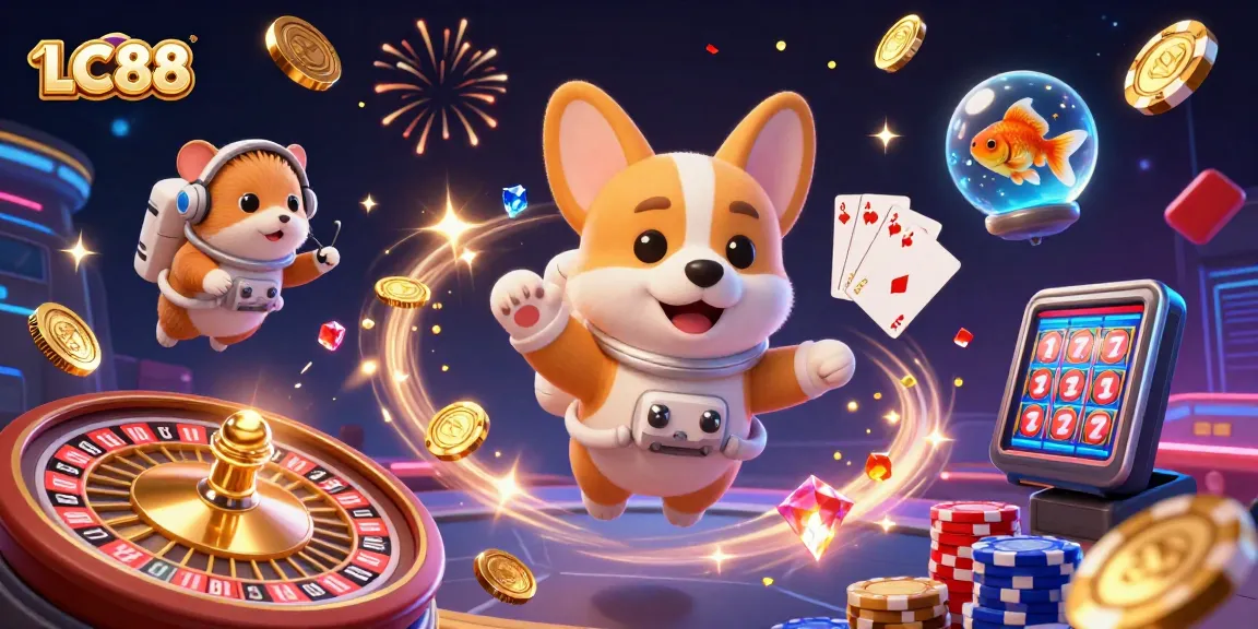 Experience the excitement at LC88 casino with a whimsical 3D scene featuring playful characters.