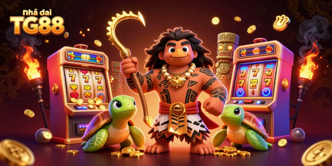 Engage with Nhà cái TG88 in a vibrant casino scene featuring dynamic slot machines and playful characters.
