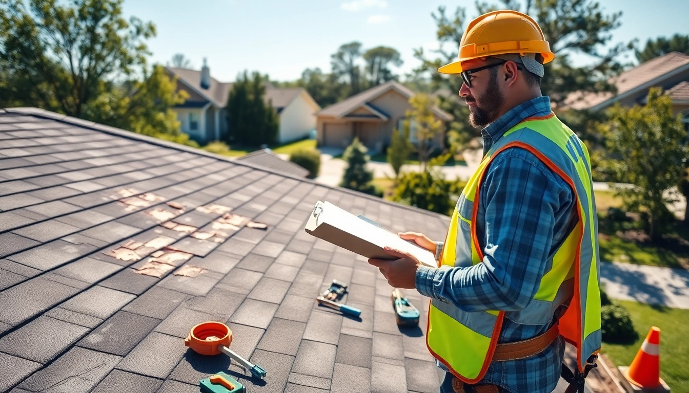 Roof repair expert assessing roof damage with tools in a residential area, ensuring quality service.