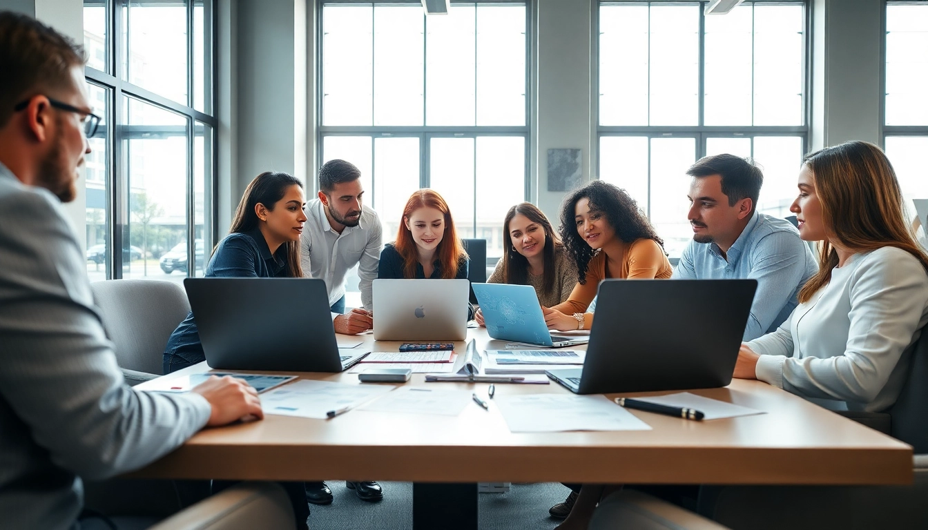 Web design company team collaborating in a modern office environment.