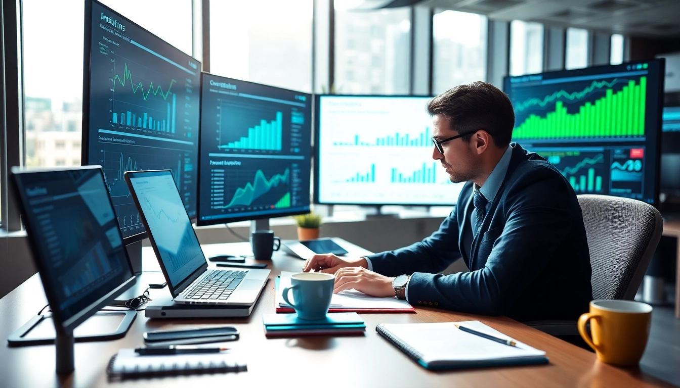 Data analyst utilizing AI for competitive intelligence in a bright office.