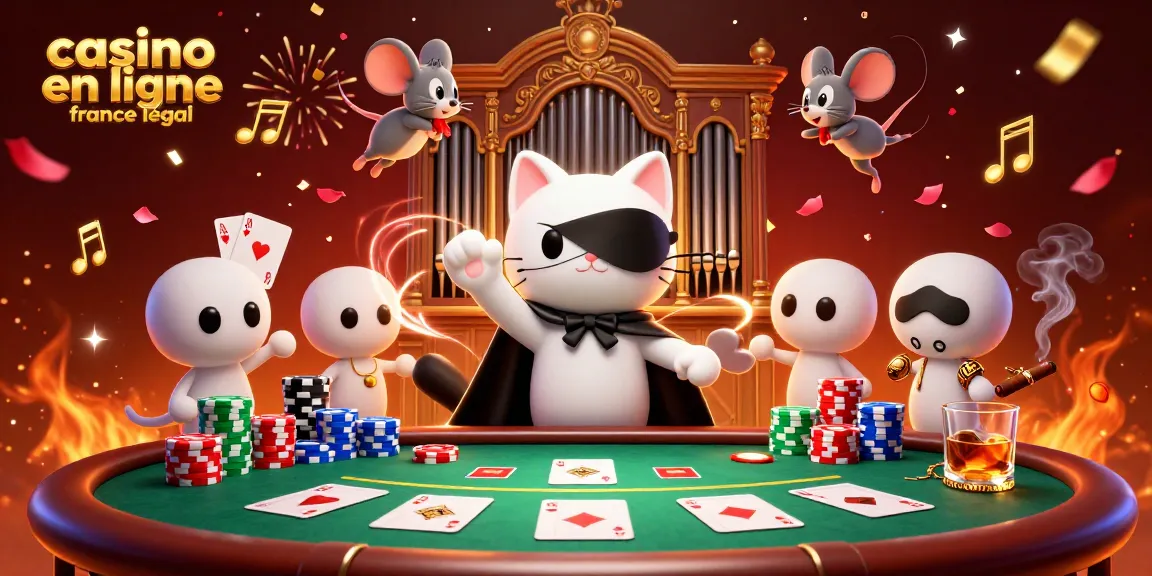 Plongez dans l'univers fascinant du casino en ligne légal en France avec notre illustration riche en détails, où un chat en demi-masque joue de l'orgue dans une atmosphère magique.