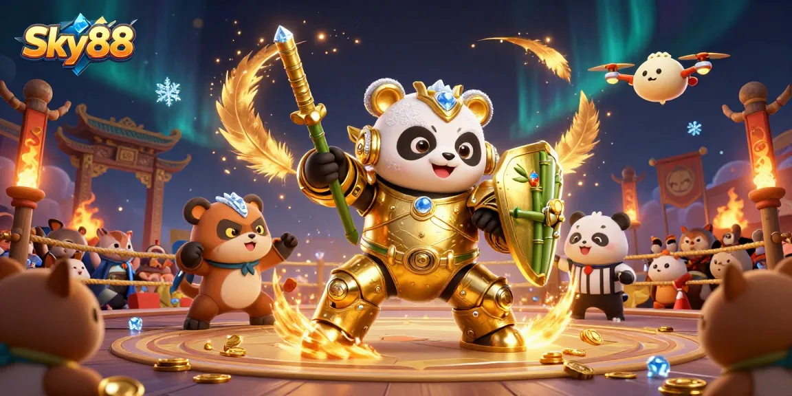 Experience thrilling action with Sky88 as a golden panda battles in a vibrant casino arena.
