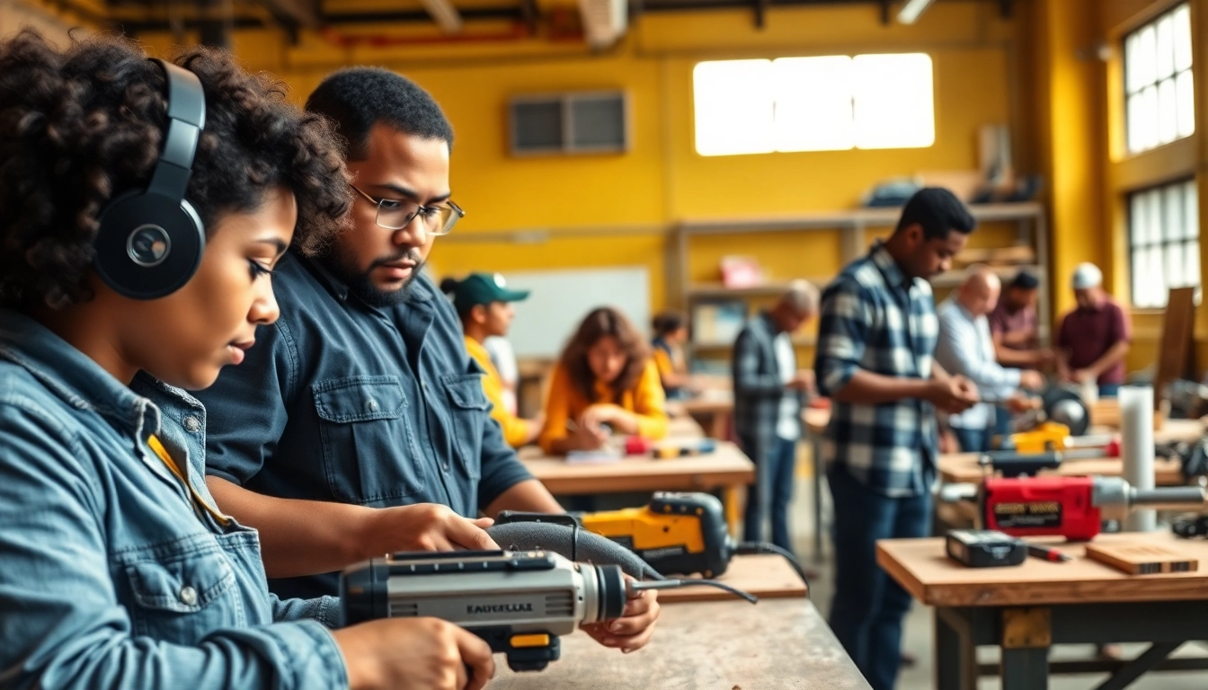 Engaged students in skilled trades training using tools and collaborating in a workshop.