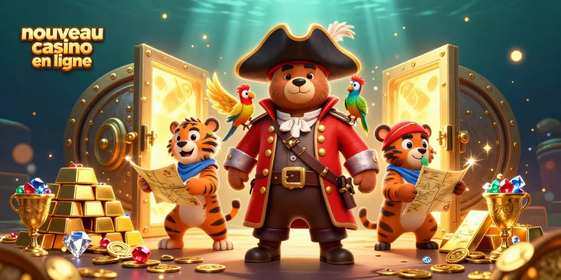 Profitez d'une scène animée de nouveau casino en ligne avec un ours pirate et son équipe découvrant des trésors.