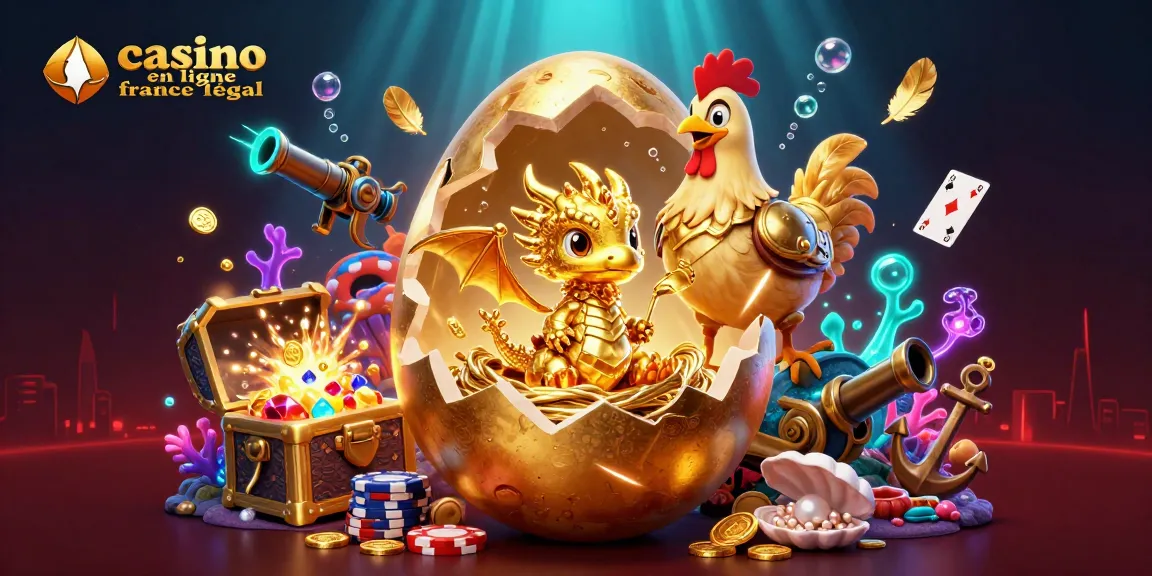 Illustration dynamique de casino en ligne France légal avec un dragon d'or, jetons de poker et des effets lumineux.