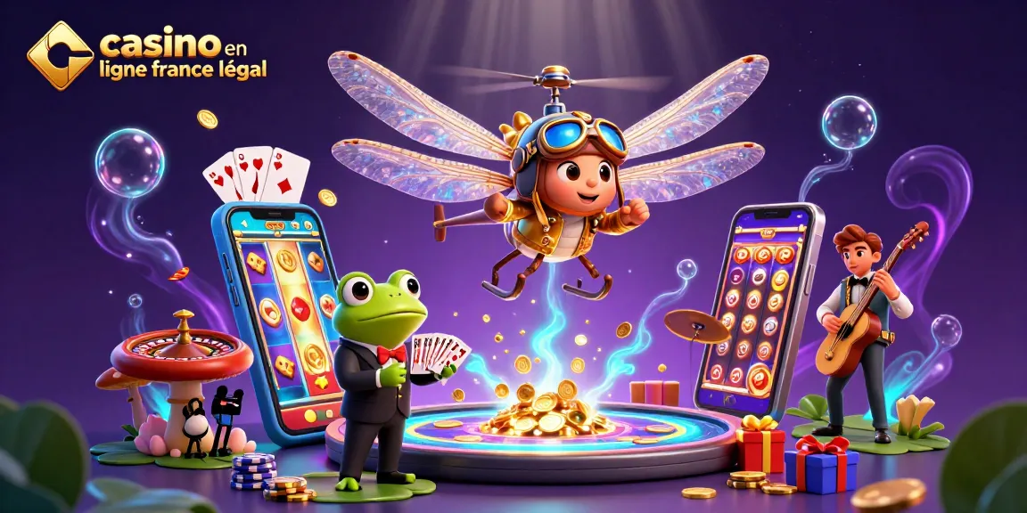 Jouer à des jeux de casino en ligne en France légal avec un croupier grenouille et un pilote libellule.
