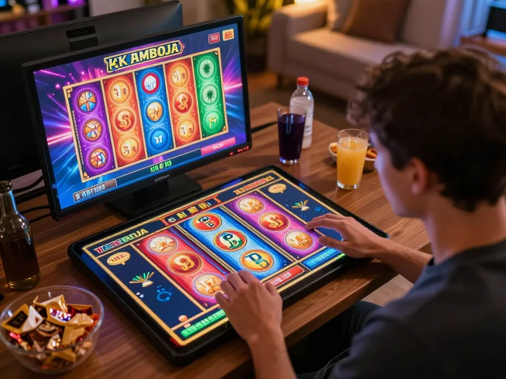 Engaging player enjoying the excitement of slot kamboja on a tablet in a cozy home gaming environment
