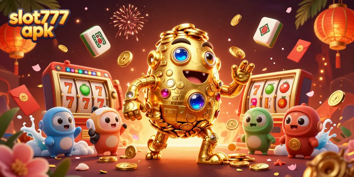 Play thrilling slot777 apk with dynamic golden golem surrounded by vibrant casino elements.