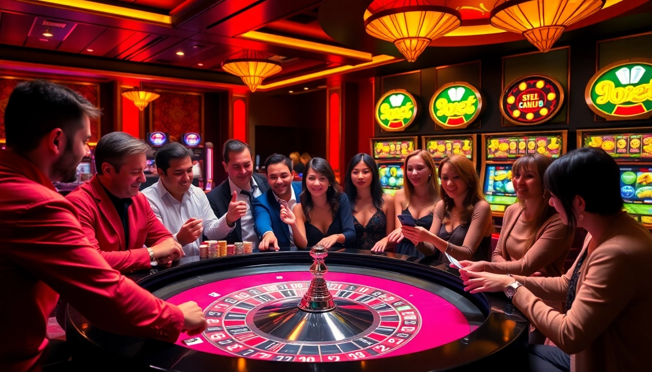 Découvrez l'excitation au meilleur casino en ligne avec des joueurs profitant d'une partie de poker animée et de jetons colorés.