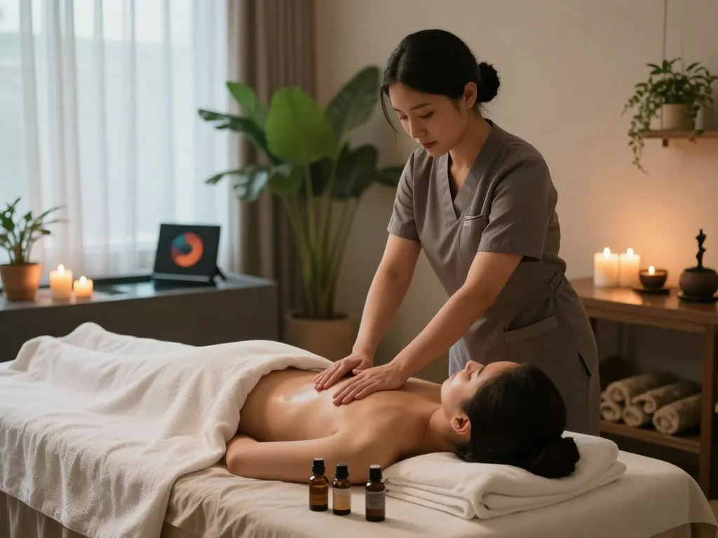 Relaxing 마포스웨디시 massage scene in a contemporary spa with soothing ambiance and skilled therapist.