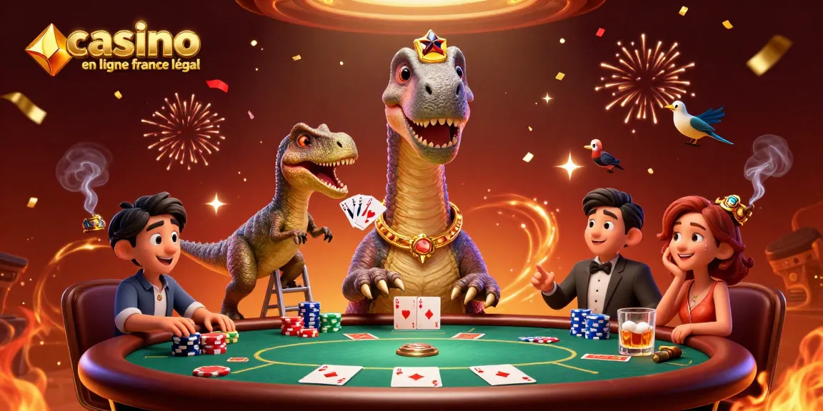 Illustrez l'univers des jeux avec "casino en ligne france légal" et des personnages colorés autour d'une table de poker.