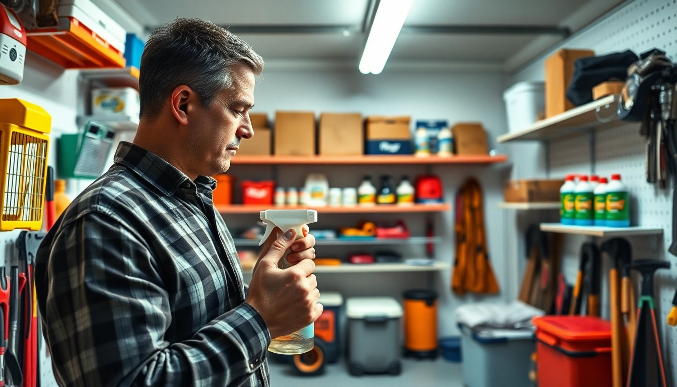 Implementing garage insect treatment in a clean, organized garage space with pest control solutions.