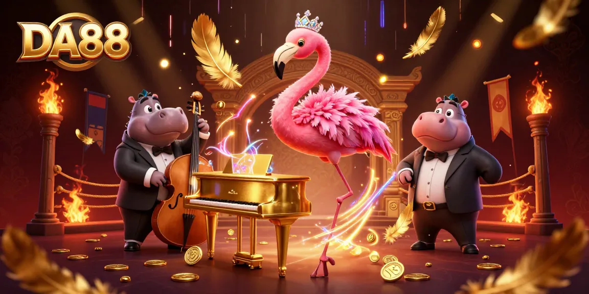 Experience the thrill of DA88 as a flamingo and hippo perform amidst a vibrant casino scene.