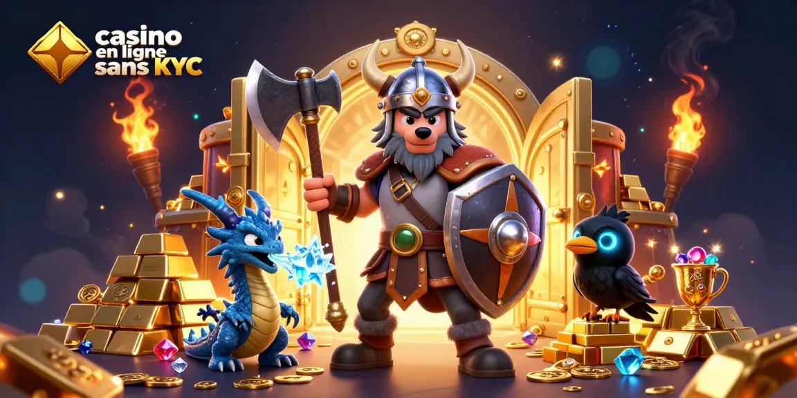 Visualisez un casino en ligne sans KYC avec un guerrier viking, un dragon, et un corbeau sur un fond éclatant.