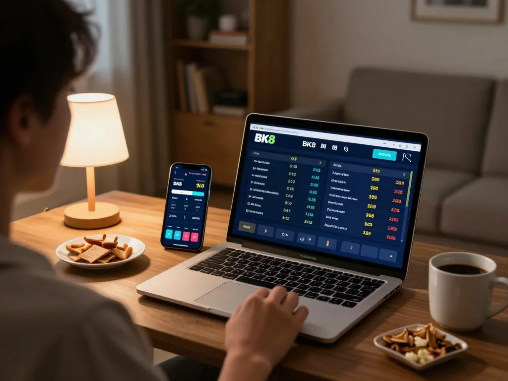 Person enjoying BK8 sports betting on laptop and mobile in cozy home setting