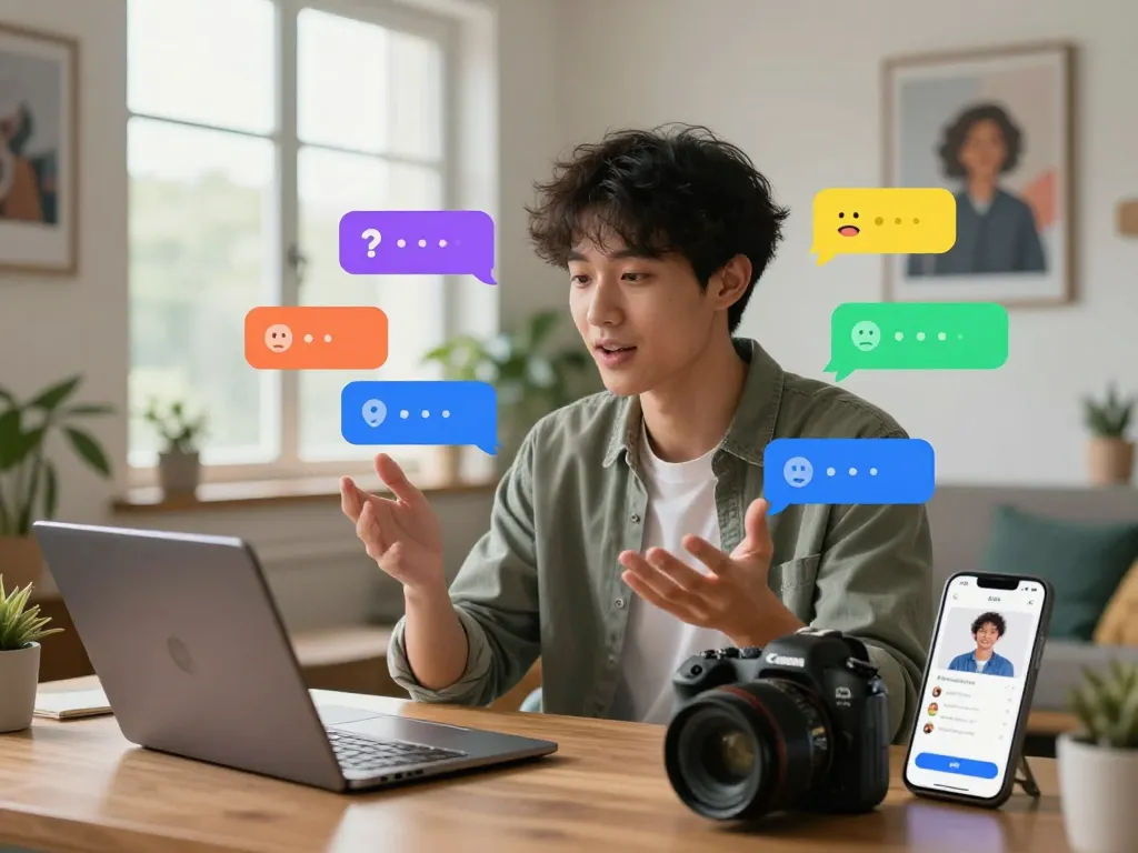 Engaging virtual chat scene on sex chat ai platform showcasing user interaction in a cozy home office.